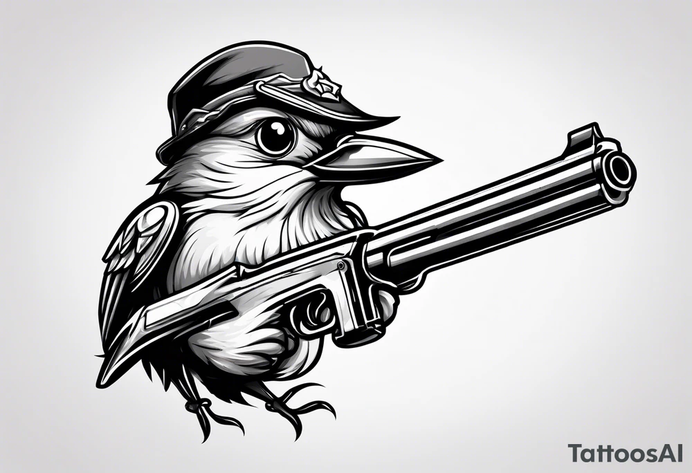 Cute cartoon Bird with a gun in its mouth tattoo idea