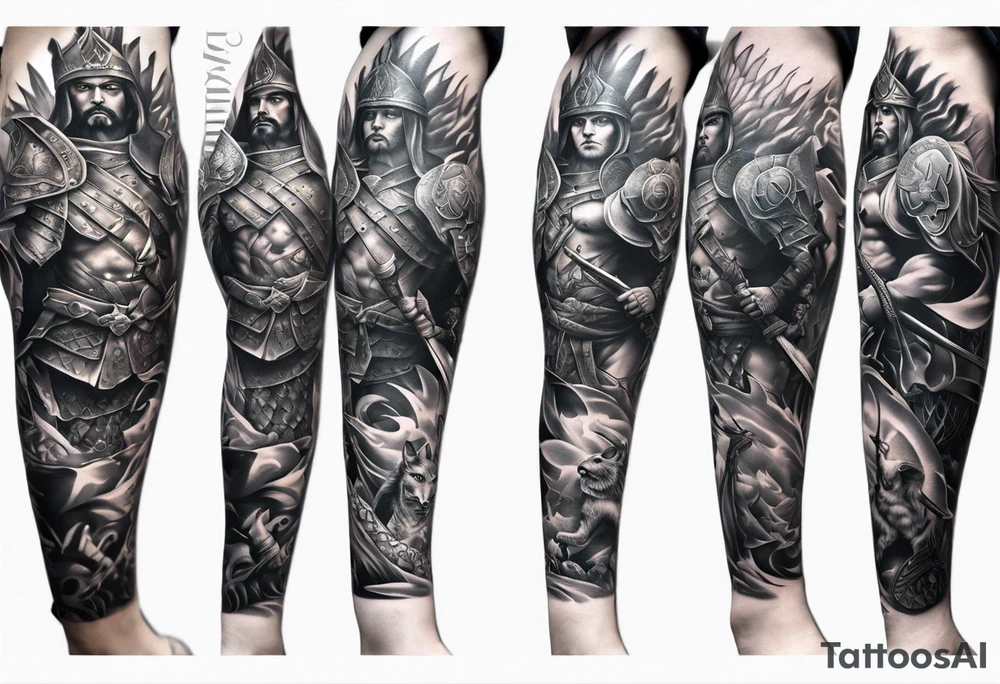 Leg sleeve tattoo of warriors from
Different eras tattoo idea