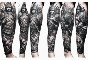 Leg sleeve tattoo of warriors from
 Different eras tattoo idea
