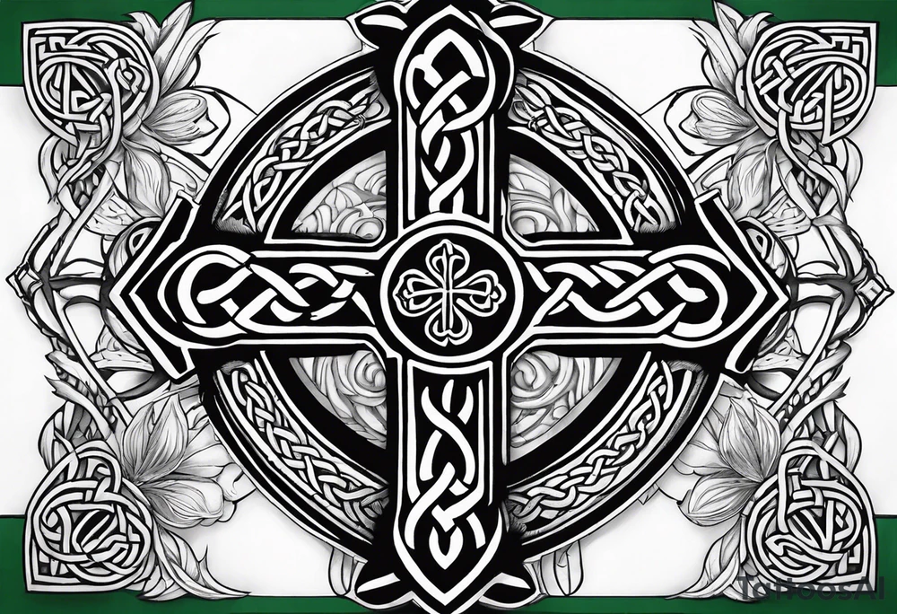 Celtic cross, shamrock in center of cross, one Indian feather hanging from each side arm of cross tattoo idea