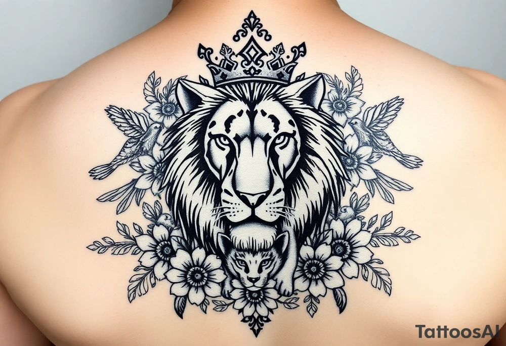 powerful majestic lion and cub with a crown, surrounded by floral ornaments and birds tattoo idea