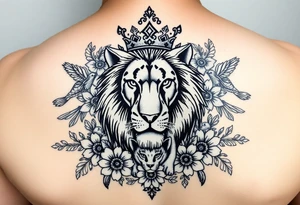 powerful majestic lion and cub with a crown, surrounded by floral ornaments and birds tattoo idea