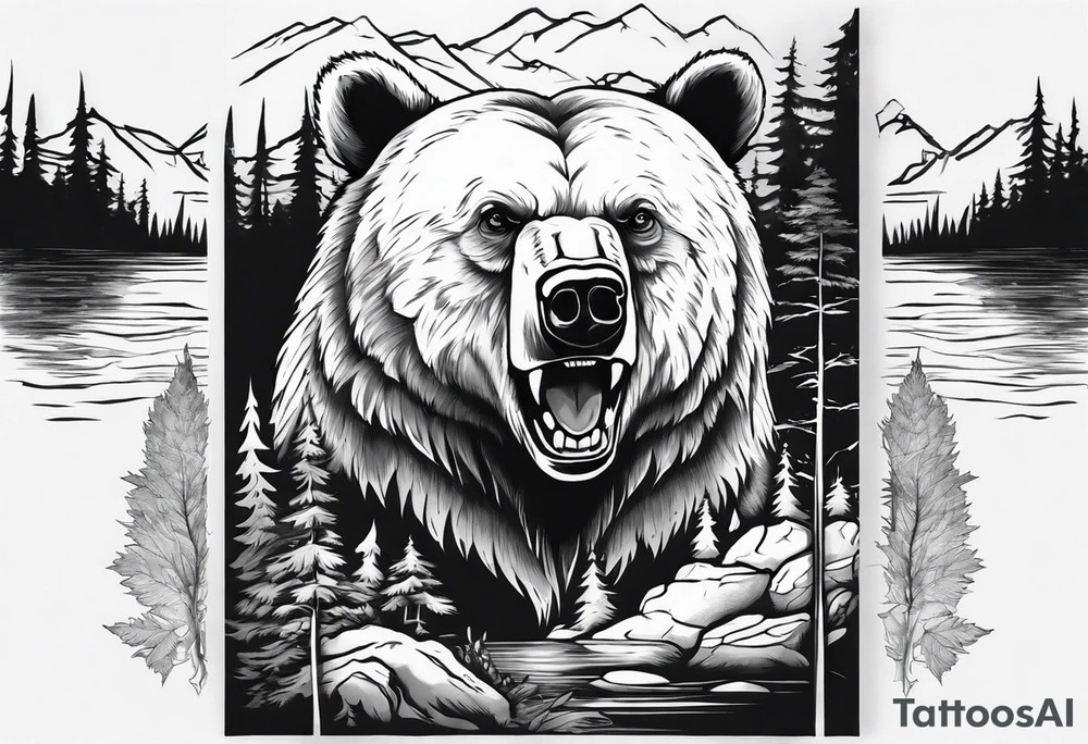 bear head right above the forest line with a lake below, full arm sleeve tattoo tattoo idea