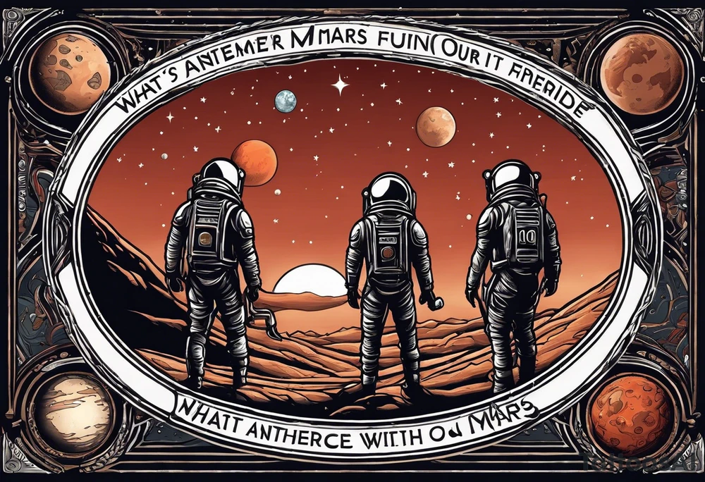 the planet mars with two stick figures holding hands on top of it, with the words "what's another night on mars, with friends like ours?" in a banner across tattoo idea