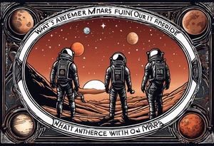 the planet mars with two stick figures holding hands on top of it, with the words "what's another night on mars, with friends like ours?" in a banner across tattoo idea
