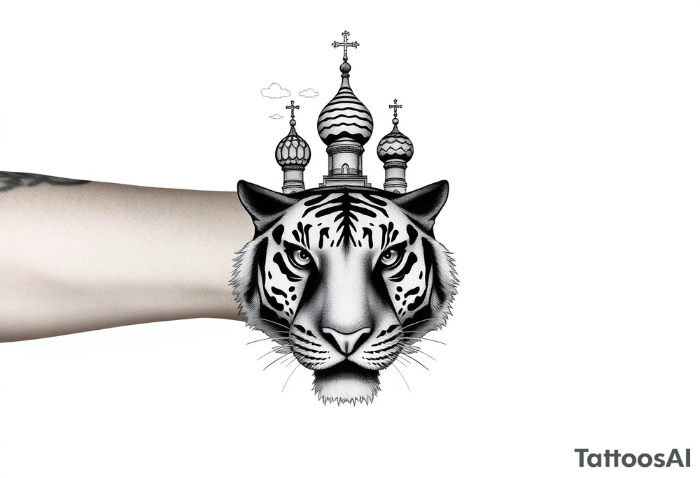 Realistic tiger face on the back of the hand with strong contrast and fine detail with hollow black eyes. with a highly detailed Russian Orthodox cathedral sitting above on fore arm with onion domes and orthodox crosses, done in fine line, engraving-like style. Cohesive composition, black ink only, no color, high contrast, slightly aged, documentary-style, plain light background. with clouds above and a virgin mary tattoo idea