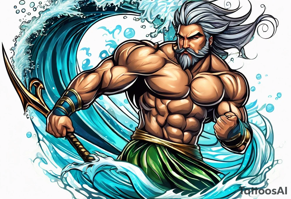 muscular
god 
posideon fighting a sport fish with a trident tattoo idea