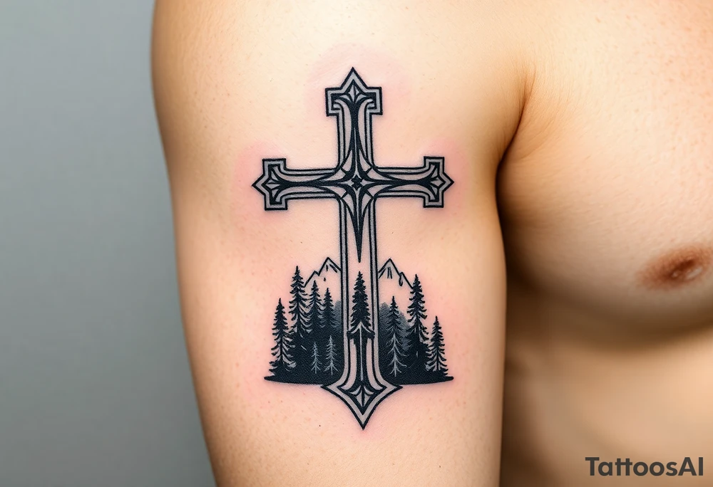 russian orthodox cross with the diagonal line at the bottom with a light forrest with a light mountainous setting tattoo idea