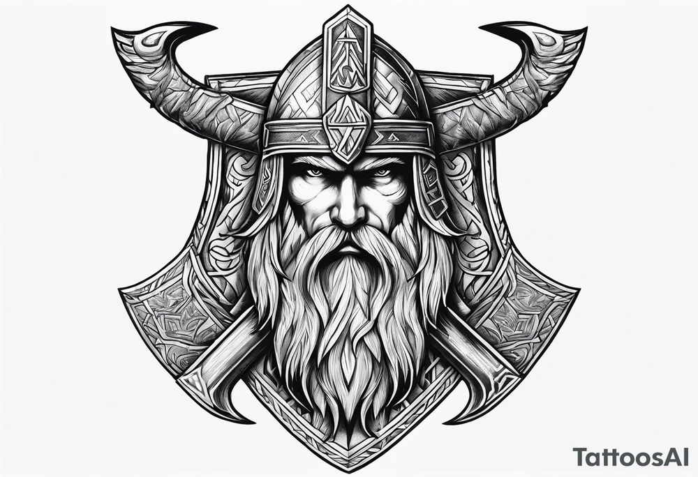 Valhalla sword shield axe Valknut fire tattoo idea