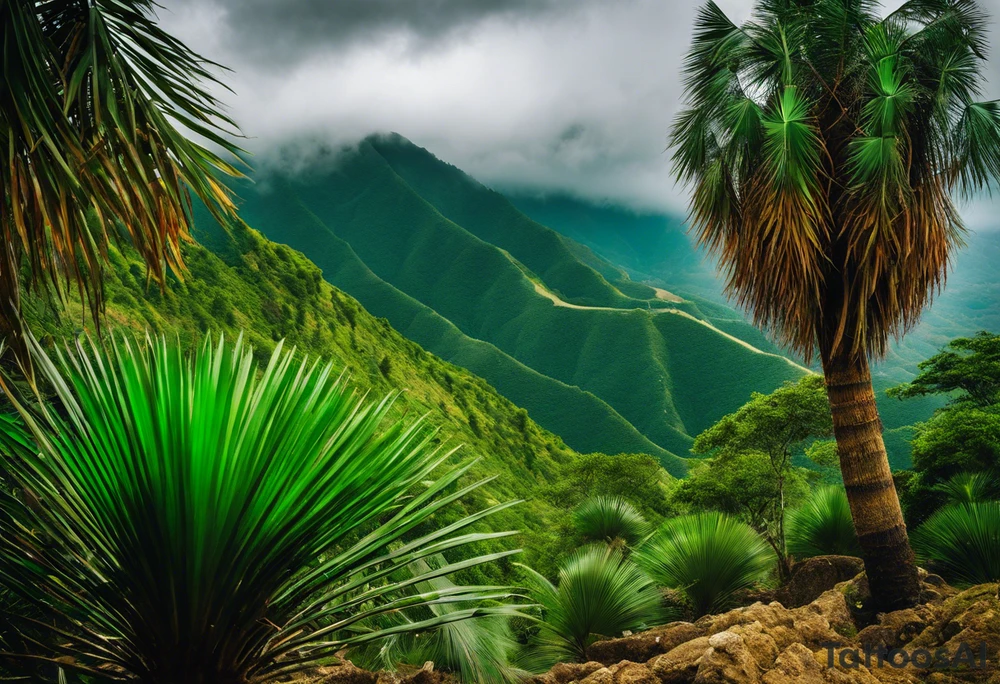 Tattoo: A striking Gachala emerald sits at the base of a tall quindio wax palm, which grows resiliently from cracks in rugged, rocky soil. The emerald is the main focal point, symbolizing strength and endurance, while the wax palm, rooted in the soil’s crevices, represents growth and resilience. A small water stream flows gently from the rocks, adding an element of life and nourishment tattoo idea