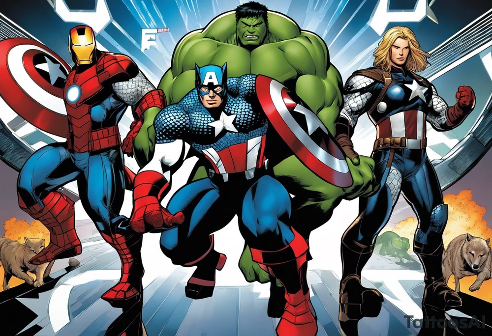 I want to change Avengers Team characters with animals. Hulk will be represented by a Badger.
Thor will be depicted as an Alpha Grey Wolf.
Captain America will be symbolized by a Bull.
Iron Man's character will be embodied by a Canary.
Black Widow's role will be portrayed by an Axolotl.
Hawkeye will be depicted as a Sudan Plated Lizard.
Nick Fury will be represented by a Cat. tattoo idea