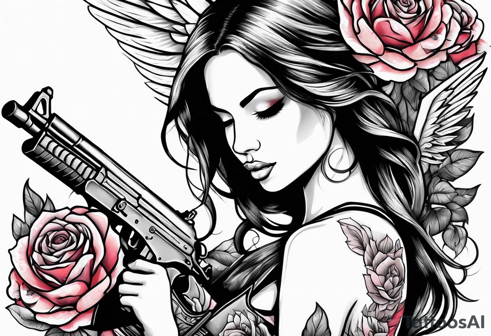 Beautiful angle with wings and tattoos surrounded by roses holding a ak 47 tattoo idea