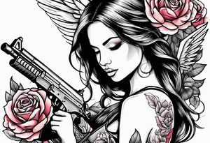 Beautiful angle with wings and tattoos surrounded by roses holding a ak 47 tattoo idea