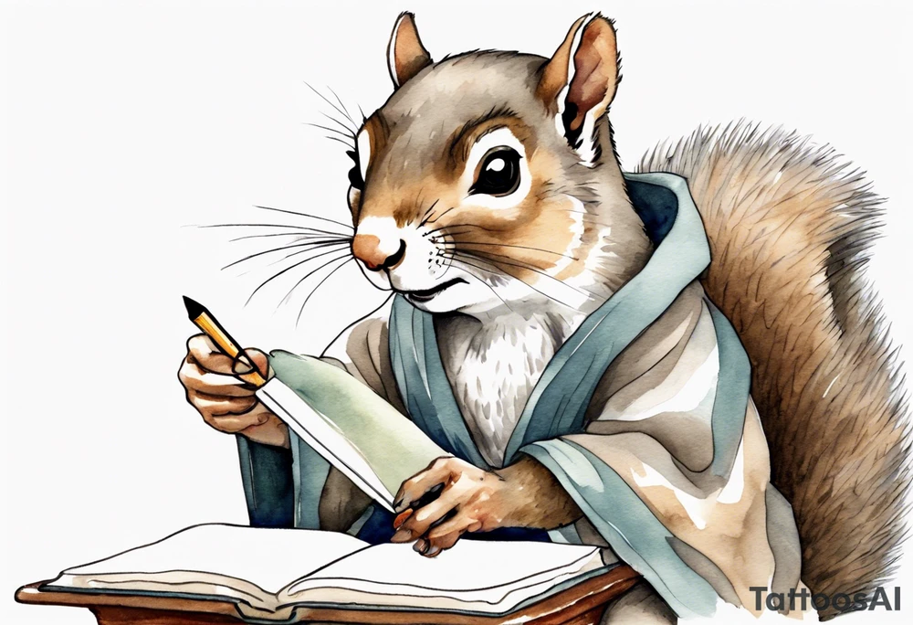an elderly grey squirrel wearing a taupe  robe, writing in a journal tattoo idea