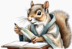 an elderly grey squirrel wearing a taupe  robe, writing in a journal tattoo idea
