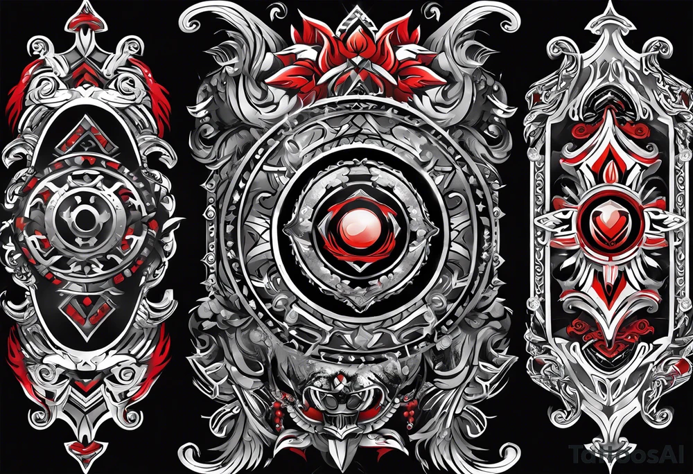 Arm sleeve, black, gray, silver, red, tribal, include elements of fire, include elements of motorcycles, include elements of  Folkstyle wrestling tattoo idea