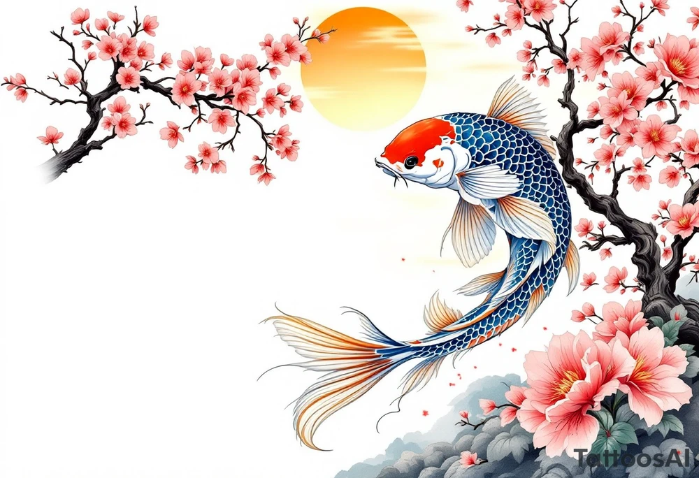 Koi fish, and cherry blossom tree, beautiful sunset in background tattoo idea