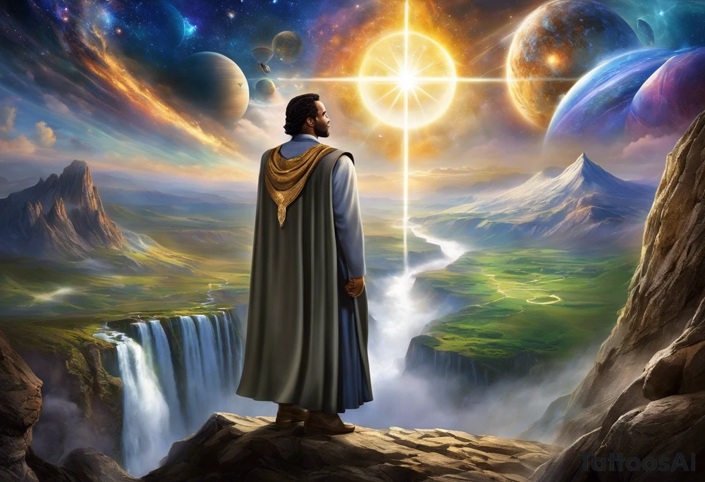 Jehovah looking out at the marvels of his creation from the atoms to the galaxy and celestial beings. With grey wash and a fantasy theme. Jehovah has to be a character who is so majestic, charismatic, immensely powerful. There isnt a single thing he isnt capable of doing. Infinitely powerful forward facing. Without the pagan styled attire and without the pagan symbols etcetera, shirtless, large muscular athletic physique, deep muscle definition tattoo idea