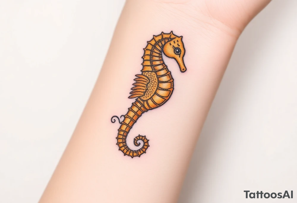A majestic golden seahorse with delicate filigree engravings tattoo idea