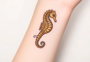 A majestic golden seahorse with delicate filigree engravings tattoo idea