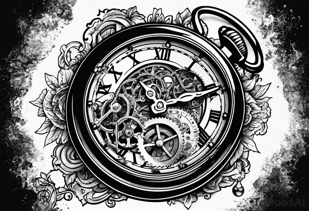Old school pocket watch exploded showing inner mechanism tattoo idea