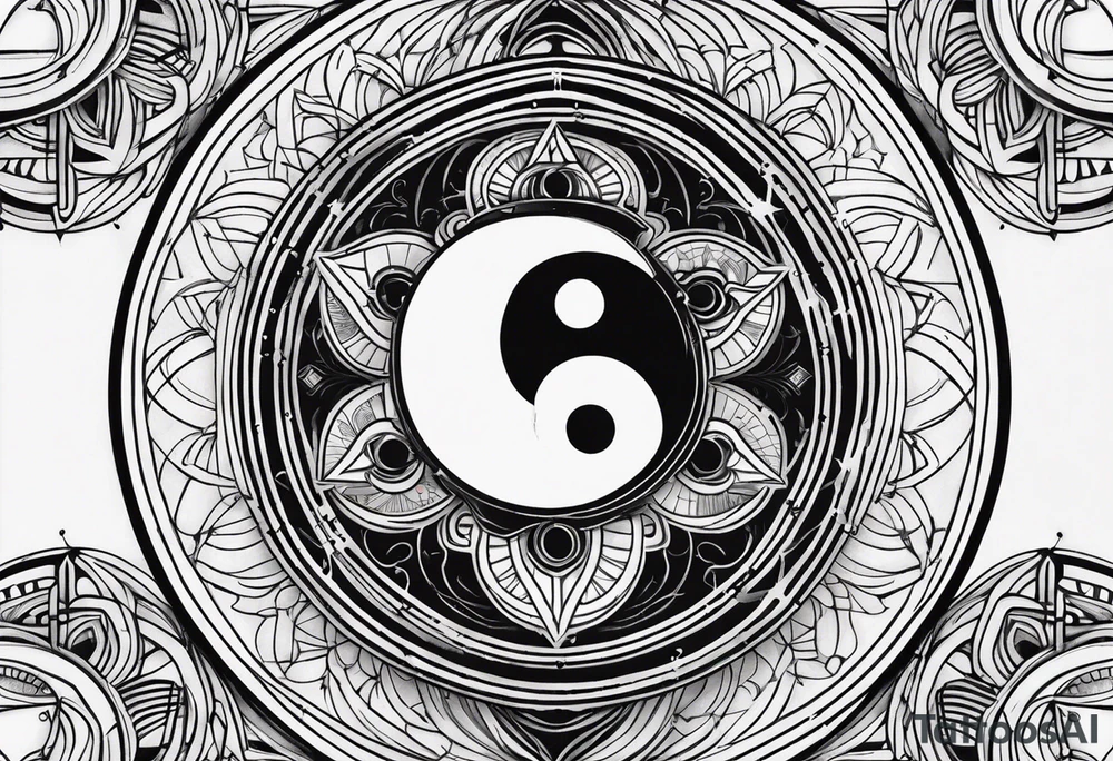 Yin yang symbol with sacred geometry patterns around the symbol tattoo idea