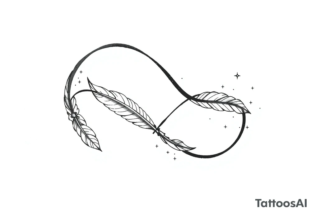 infinity symbol woven with floating feathers and stardust tattoo idea