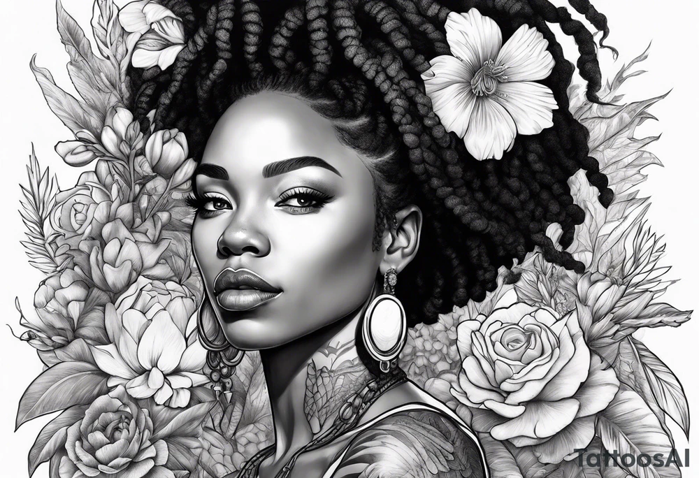 Black woman with locs and flowers with red dragon tattoo idea