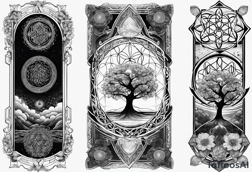 sleeve tattoo for women with symbols of sacred geometry: Metatron's cube, Kabbalah tree of life, flower of life tattoo idea