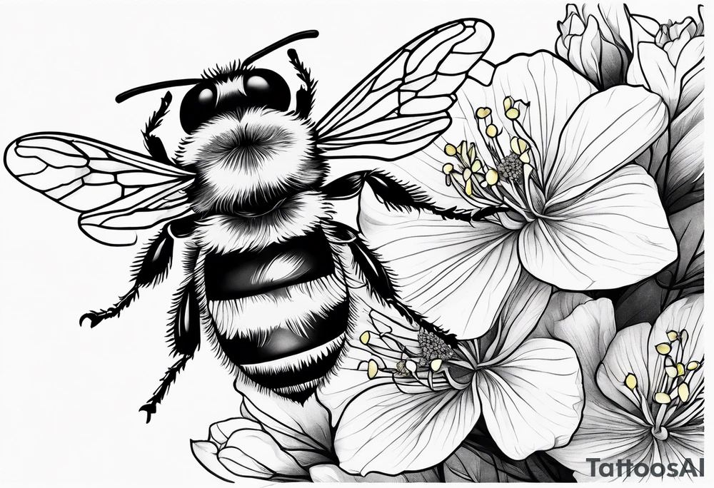 3 in by 2 in minimalist tattoo for forearm of a Hydrangea and bee tattoo idea