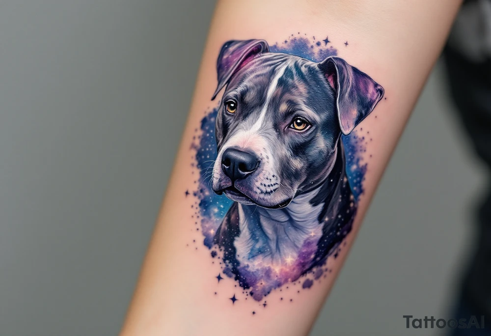 Galaxy-themed pitbull, blue-gray coat merging into a night sky filled with stars and nebula textures in purples, blues, and soft whites, symbolizing depth and loyalty beyond this world. tattoo idea