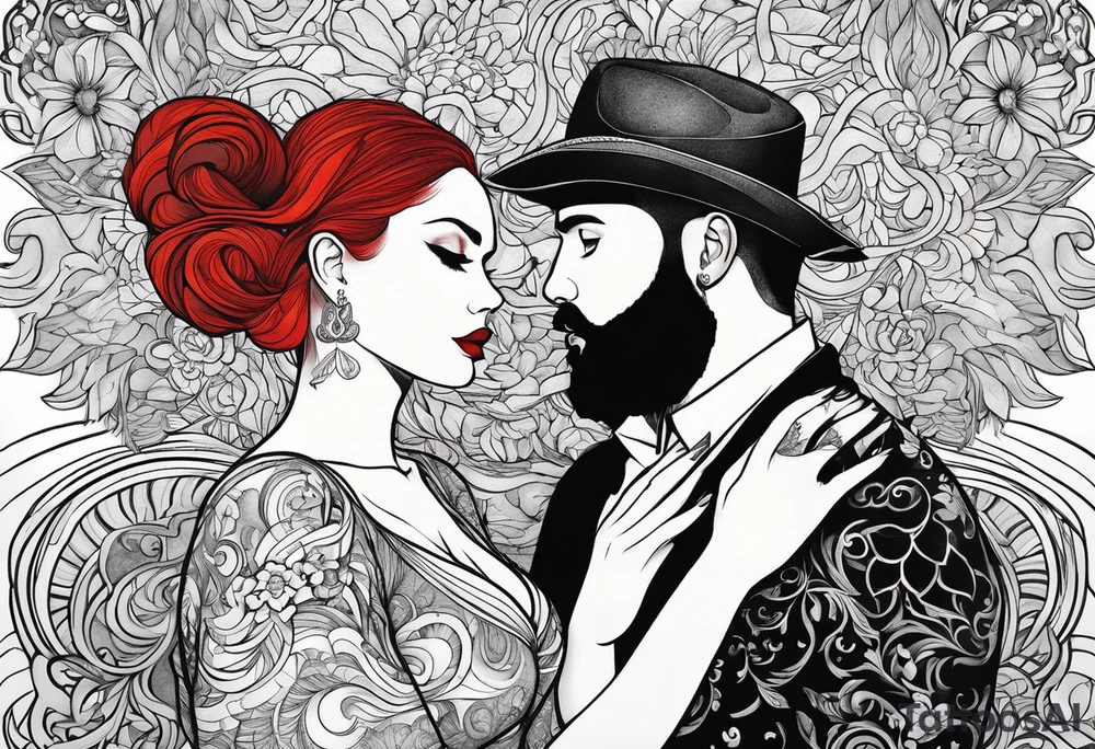 Busty red haired woman with a bearded man who has black hair tattoo idea