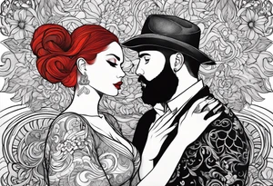 Busty red haired woman with a bearded man who has black hair tattoo idea