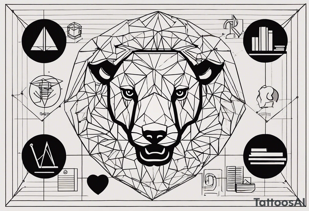 Words: Courage, determination, patience, focus, resilience. Image: Geometric eagle face, bull and bear faces divided by the financial market dump and pump. Graphics, symbols of intelligence interconnected with books and studies that represent the search for knowledge as a person guided by humanity and human philosophy. Image for the right arm and right forearm. Use geometric shapes and lines to connect images. all imagens unity tattoo idea