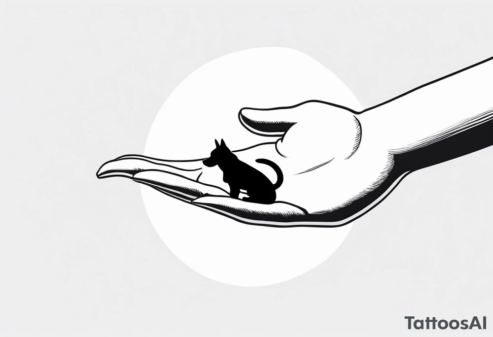dog in the sky reaching hand of a woman and woman as her back facing us tattoo idea