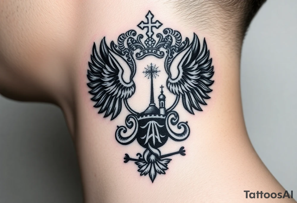 Traditional authentic Russian coat of arms with a Christian orthodox virgin marry in the middle and silhouette in a Russian wilderness Christian orthodoxy dome church village setting tattoo idea