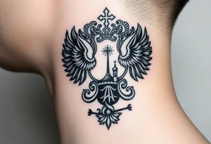 Traditional authentic Russian coat of arms with a Christian orthodox virgin marry in the middle and silhouette in a Russian wilderness Christian orthodoxy dome church village setting tattoo idea