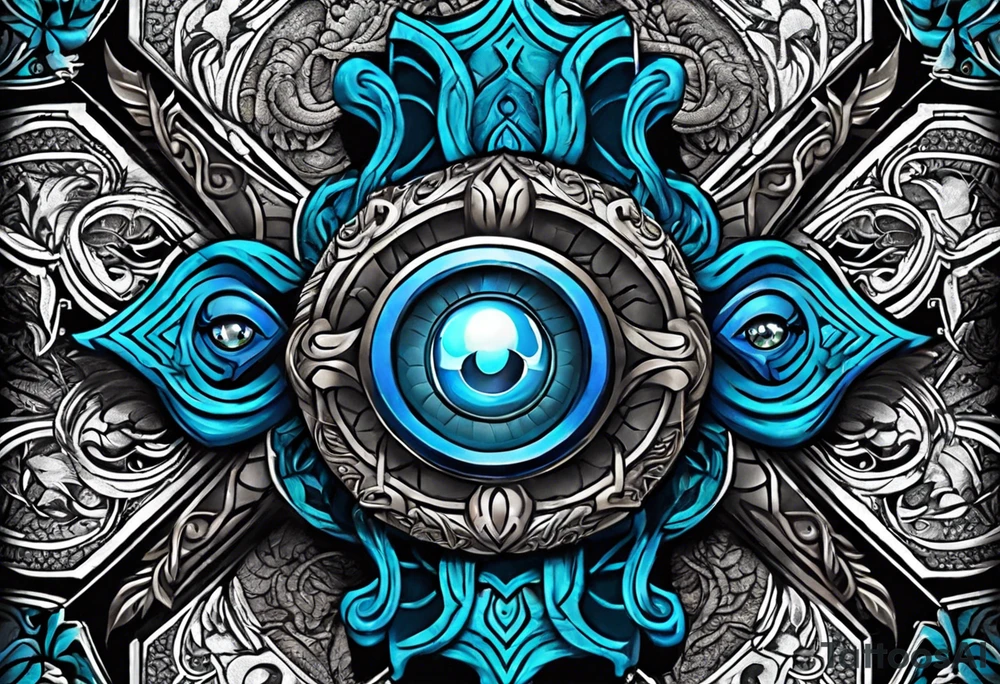 A cross with a viper around it, eyes are bright blue color, no peripherals, just cross and viper tattoo idea