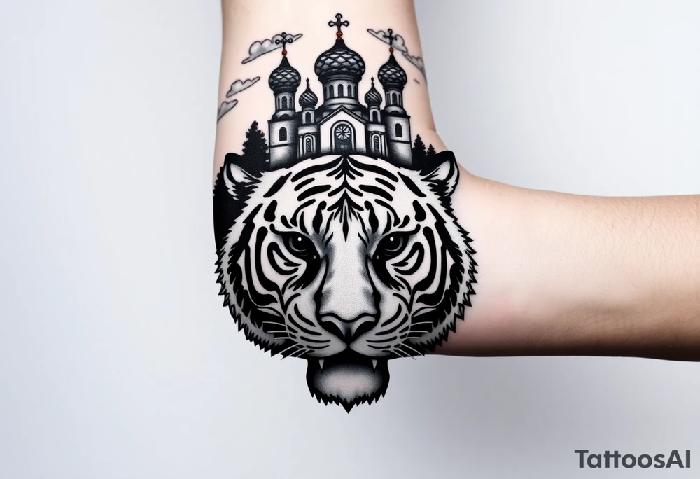 Realistic tiger face on the back of the hand with its eyes ALL black and no pupils, sitting beneath a Russian Orthodox cathedral sitting above on the top fore arm with onion domes and orthodox crosses. with clouds above and a virgin mary tattoo idea