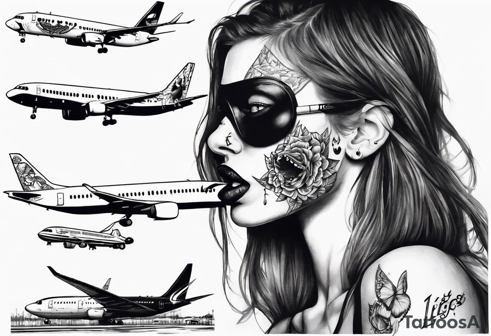the face of a girl in a black mask who licks the plane with her tongue tattoo idea