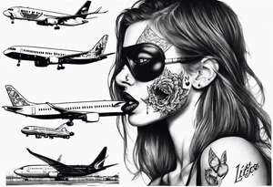 the face of a girl in a black mask who licks the plane with her tongue tattoo idea