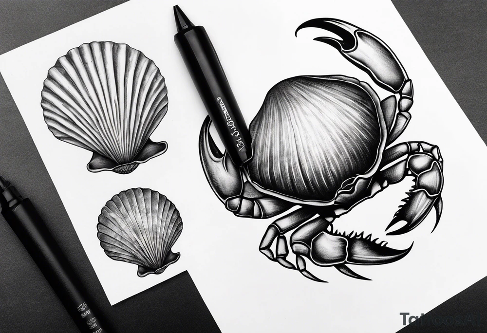 A crab claw next to a scallop seashell tattoo idea