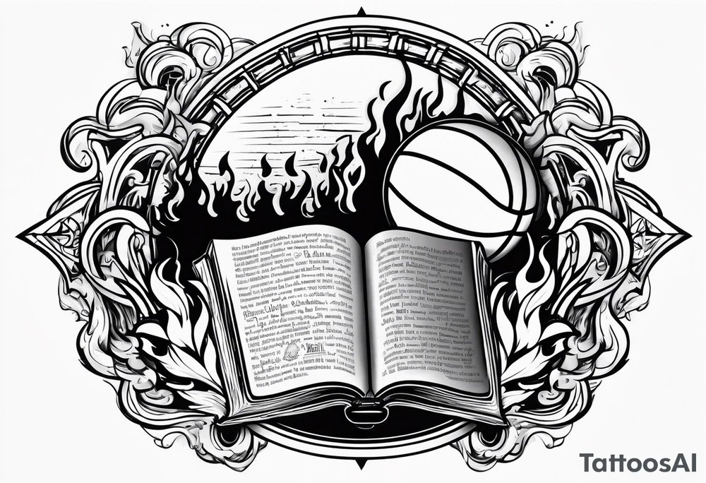 Basketball wit flames around it and a bible verse about ambition and flames going down the sleeve tattoo idea