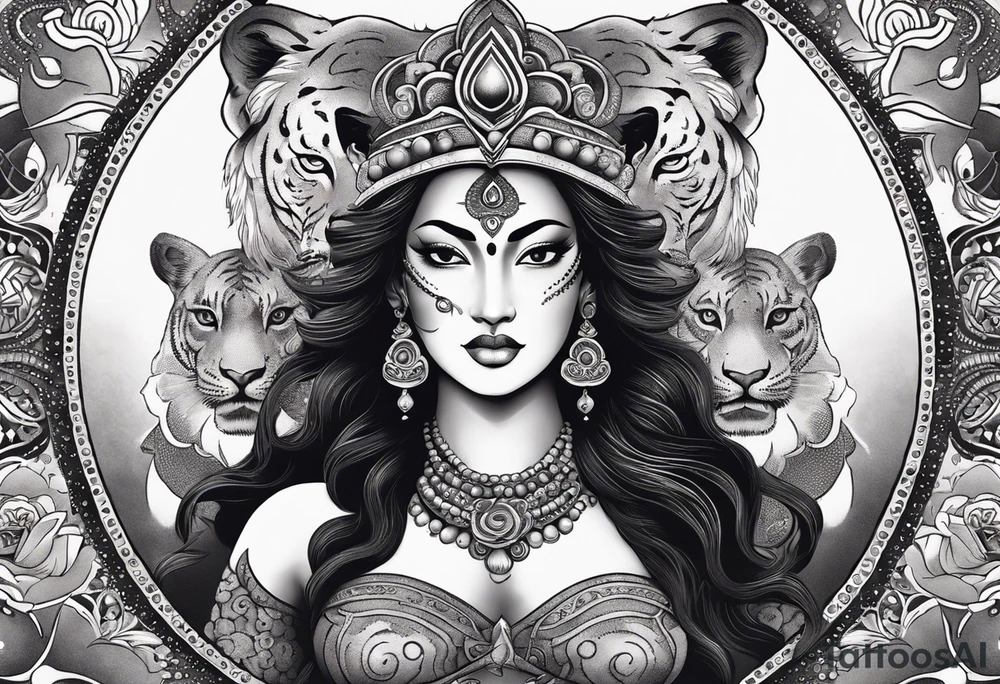 kali, durga goddess, riding a tiger, pirate, pachamama, chest tatoo, lotus, piarte tattoo idea