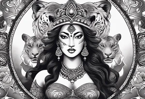 kali, durga goddess, riding a tiger, pirate, pachamama, chest tatoo, lotus, piarte tattoo idea