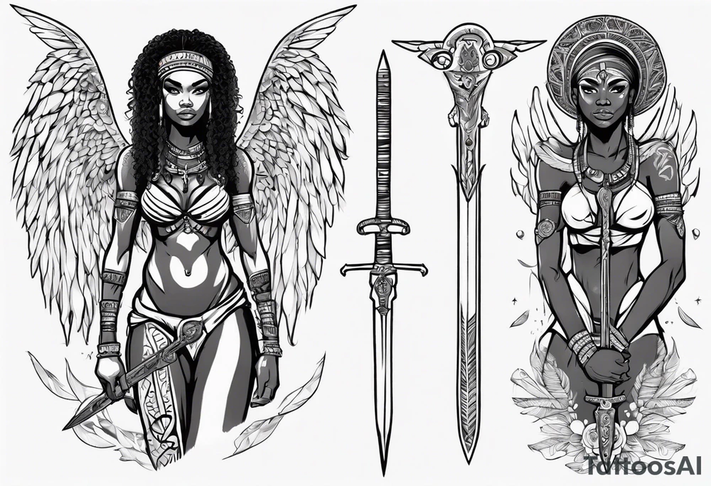 African female full body angel
slim face holding out sword in both hands tattoo idea