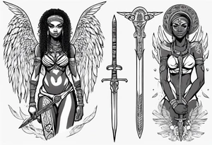 African female full body angel
slim face holding out sword in both hands tattoo idea