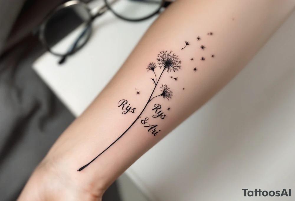 Dandelion flowing to air with these words on stem in cursive (Rix Rys & Ari) long elegant stem with subtle shadowing through drawing in pink hues tattoo idea