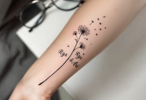 Dandelion flowing to air with these words on stem in cursive (Rix Rys & Ari) long elegant stem with subtle shadowing through drawing in pink hues tattoo idea