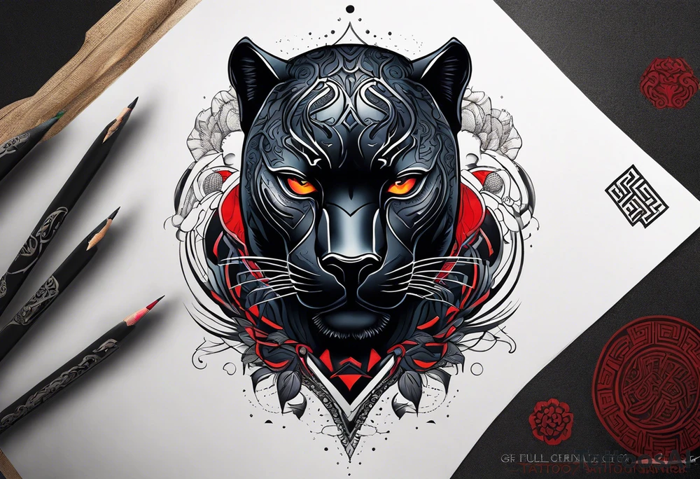 unique black panther tattoo, dynamic pose, showcasing its strength and grace, striking red eyes, intense and captivating elements, artistic flair, blending realism with abstract elements tattoo idea